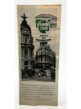 Quaker State Motor Oil Vintage Print Ad 1950s Madrid Spain Architecture Cars